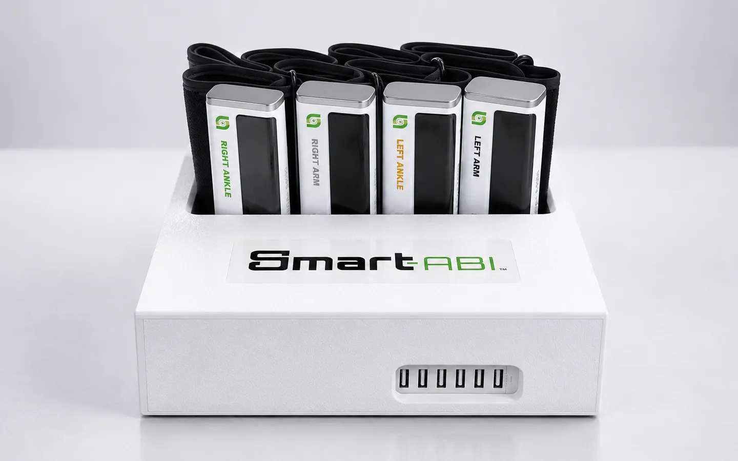 Smart-ABI charging console with four wireless cuffs docked