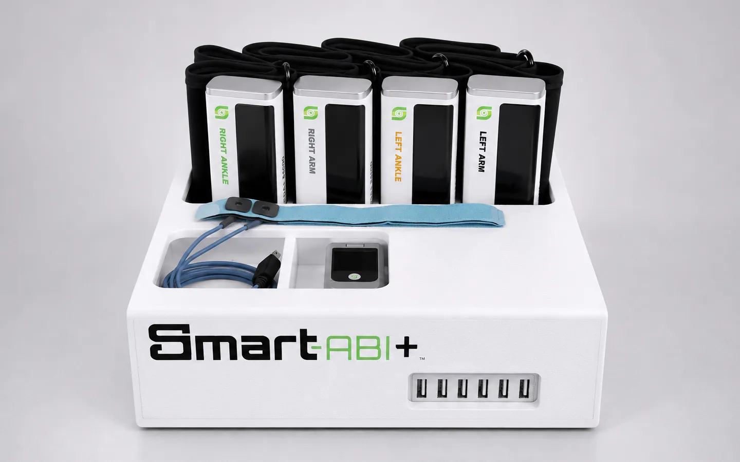 Smart-ABI+ charging console with four wireless cuffs, toe cuff, and pulse oximeter docked